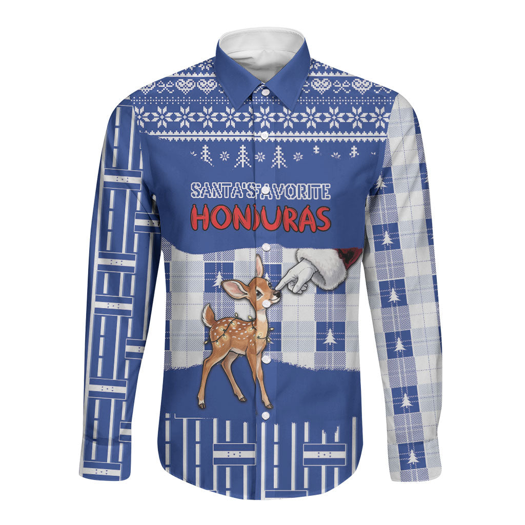 Personalized Honduras Christmas Long Sleeve Button Shirt Cute Baby Fawn Santa Hand Fairy Lights Plaid