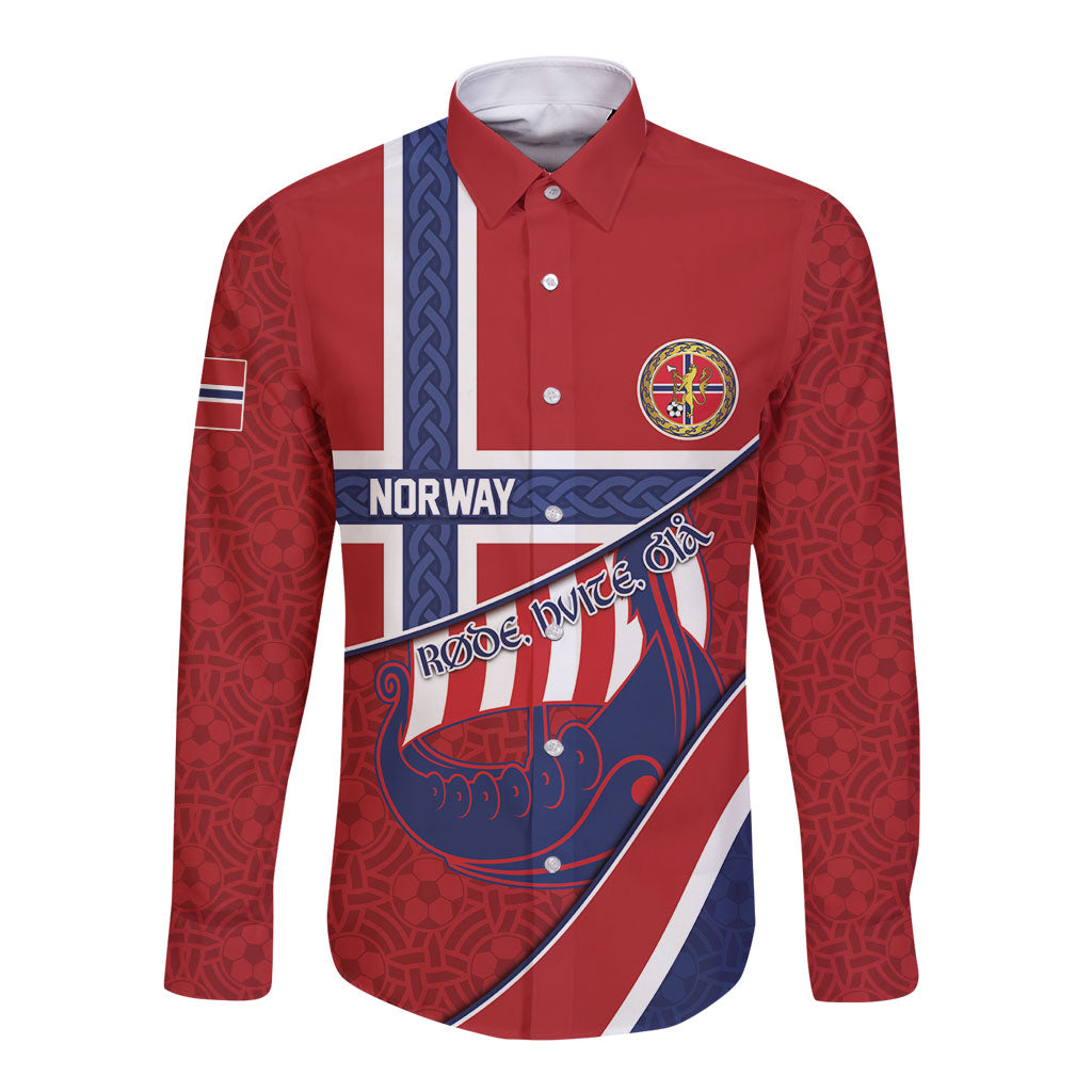 Custom Norway Football Long Sleeve Button Shirt Viking Ship Nordic Patterns
