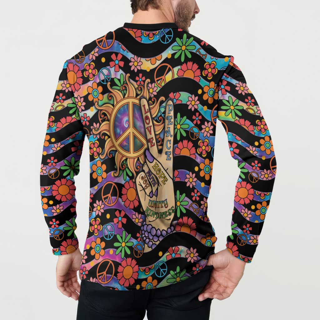 Hippie Button Sweatshirt Hand Gesture V With Peace Symbol - Wonder Print Shop