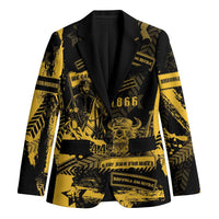 Black blazer with yellow military-style graphic print, notched lapels, button front