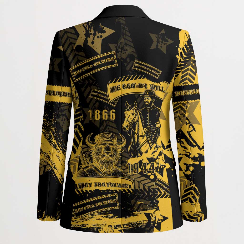 Black blazer with yellow graphic back panel featuring numbers 1866 and 1944
