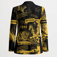 Black blazer with yellow graphic back panel featuring numbers 1866 and 1944