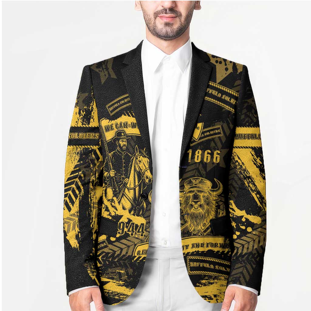 Black and yellow printed blazer worn over white shirt, slim notch lapels