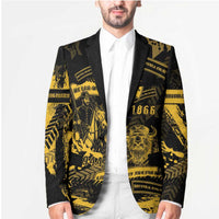 Black and yellow printed blazer worn over white shirt, slim notch lapels
