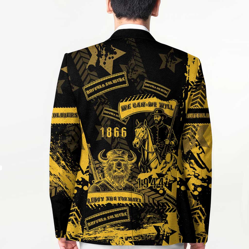 Black blazer with yellow graphic back, stars and text details on shoulder and center