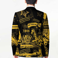 Black blazer with yellow graphic back, stars and text details on shoulder and center