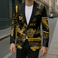 Black blazer with bold yellow emblem and numbered graphic, worn open over black pants
