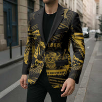 Black blazer with yellow military portrait and 1866/1944 graphics, worn on street