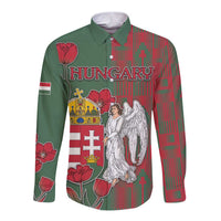 Men's long sleeve button shirt with Hungary crest print, green and red plaid panels
