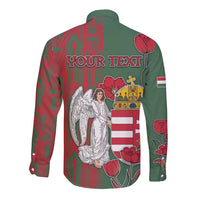Long sleeve button shirt back view with 'YOUR TEXT' and angel crest on green/red