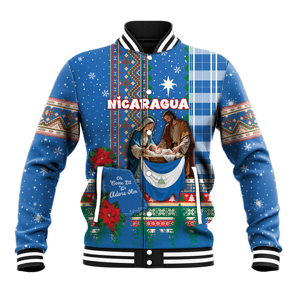 Personalized Nicaragua Christmas Baseball Jacket Baby Jesus Nativity Holy Family Poinsettia Star