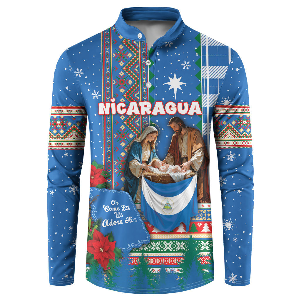 Personalized Nicaragua Christmas Button Sweatshirt Baby Jesus Nativity Holy Family Poinsettia Star