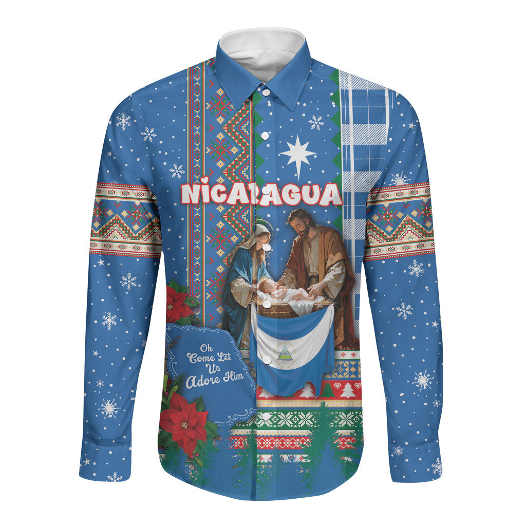Personalized Nicaragua Christmas Long Sleeve Button Shirt Baby Jesus Nativity Holy Family Poinsettia Star
