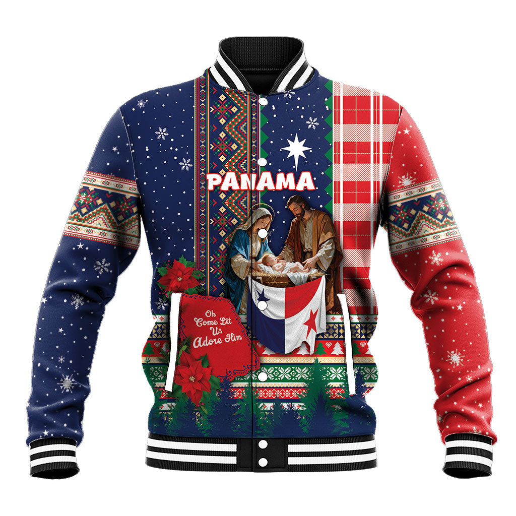 Personalized Panama Christmas Baseball Jacket Baby Jesus Nativity Holy Family Poinsettia Star