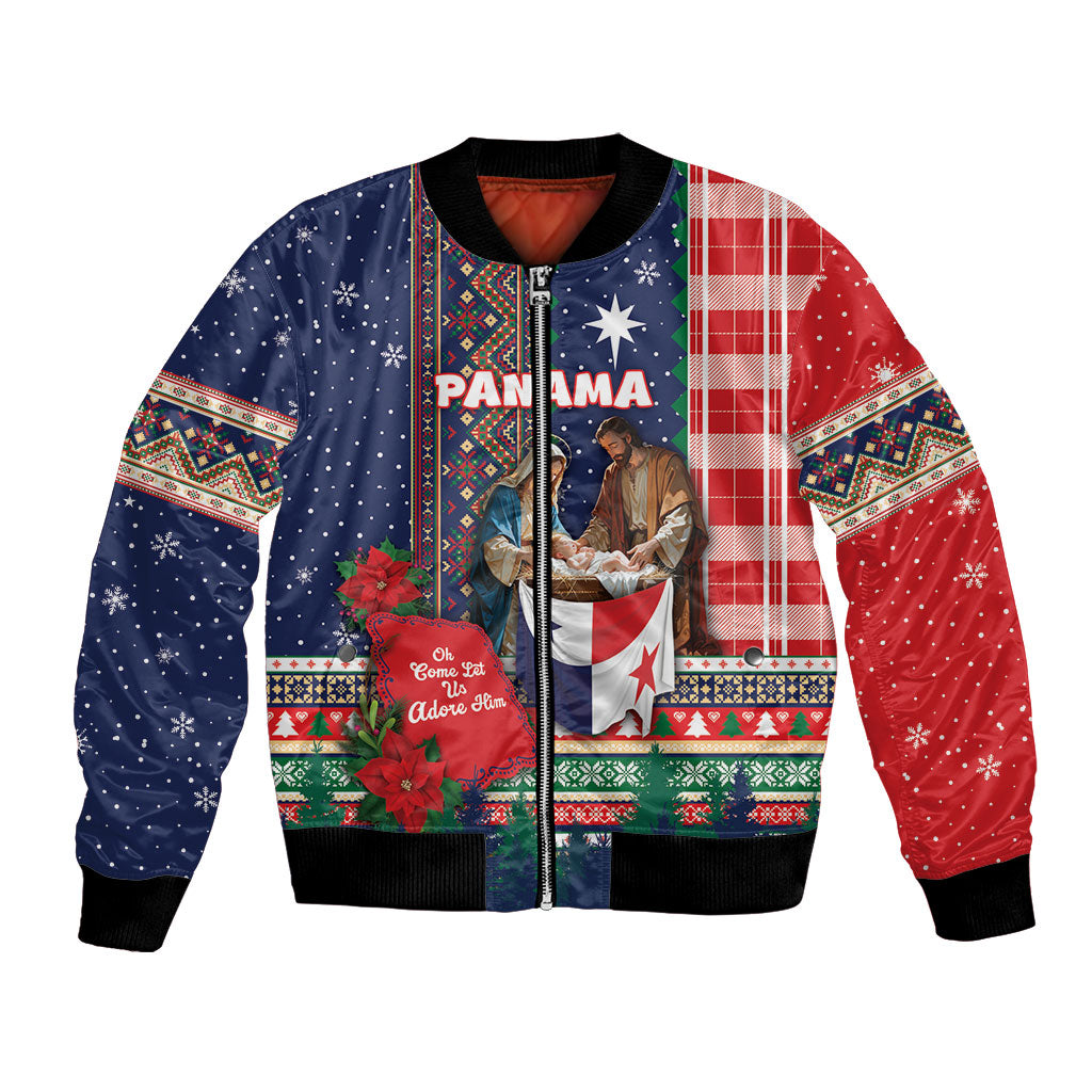 Personalized Panama Christmas Bomber Jacket Baby Jesus Nativity Holy Family Poinsettia Star