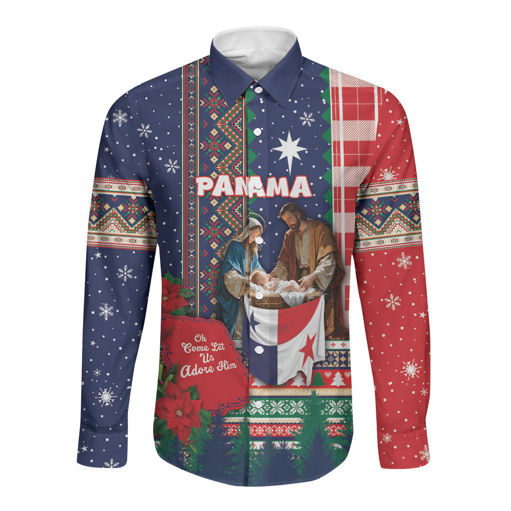 Personalized Panama Christmas Long Sleeve Button Shirt Baby Jesus Nativity Holy Family Poinsettia Star