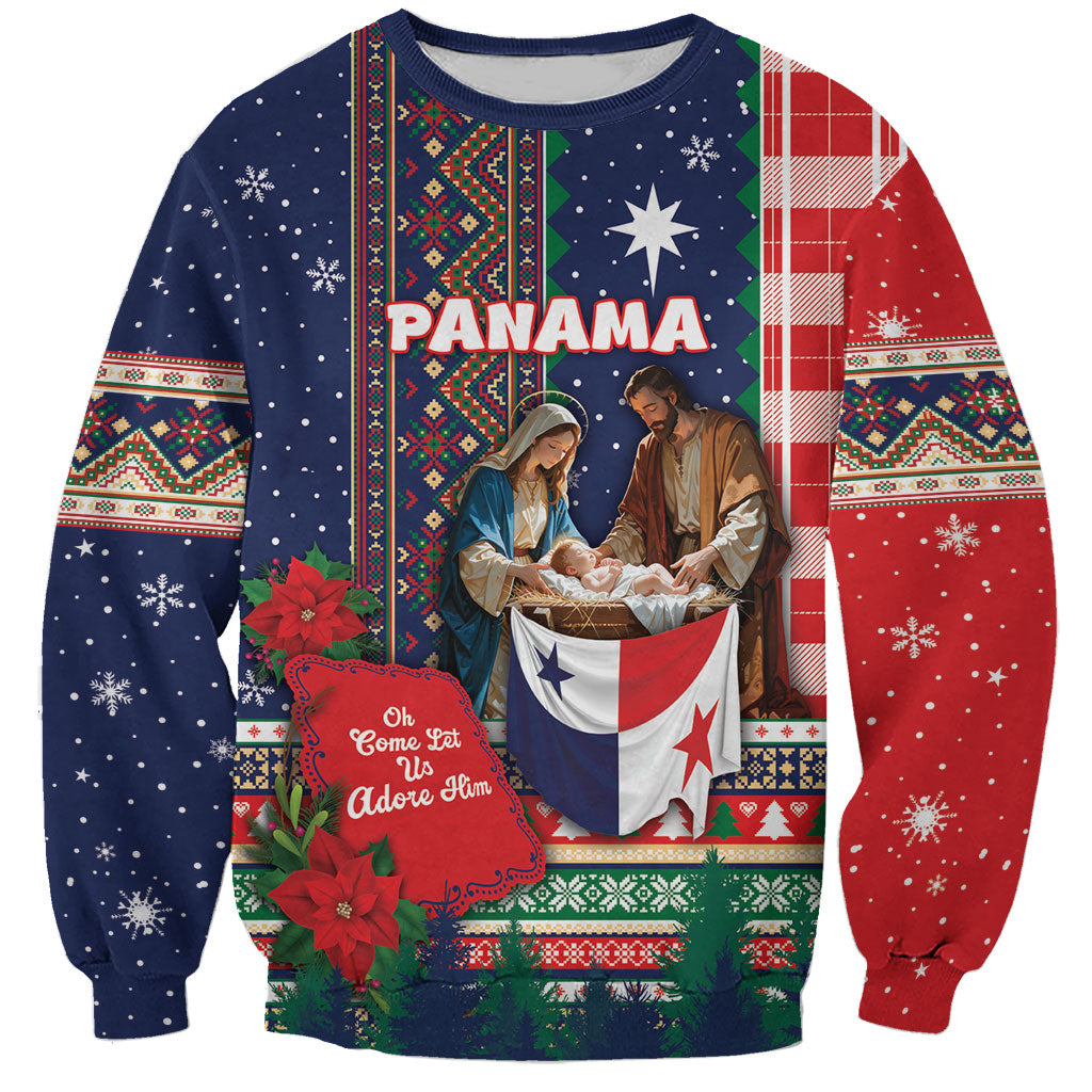 Personalized Panama Christmas Sweatshirt Baby Jesus Nativity Holy Family Poinsettia Star