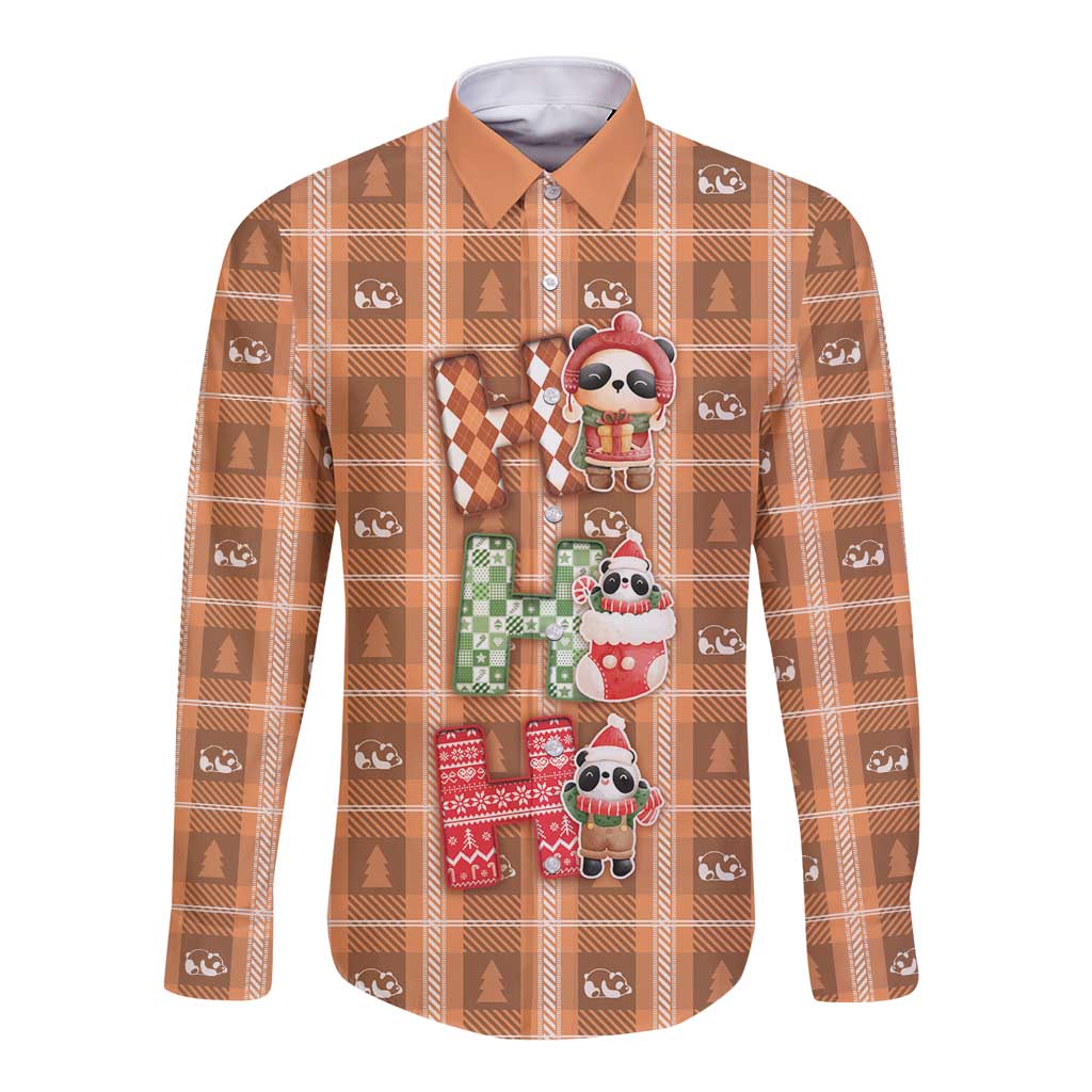 Panda Christmas Long Sleeve Button Shirt Ho Ho Ho Caramel Pattern - Wonder Print Shop