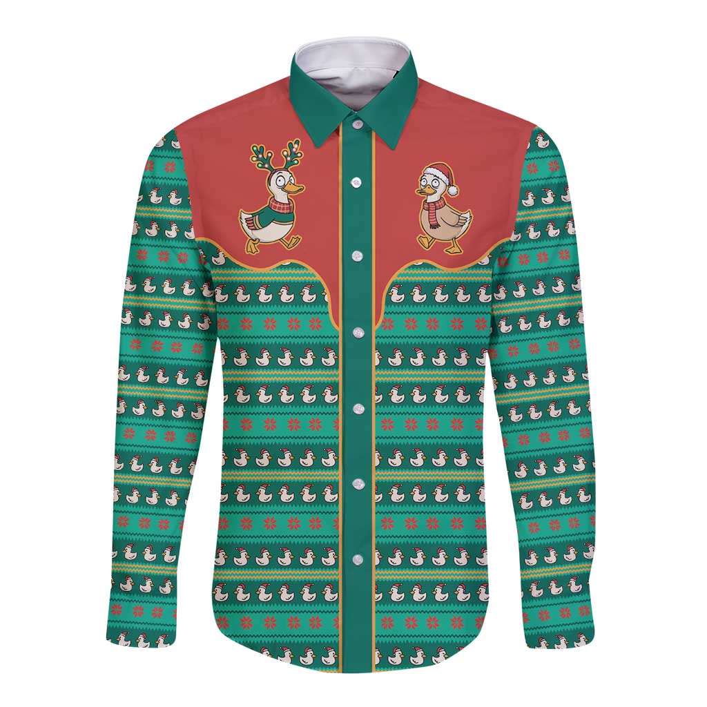 Western Yoke Long Sleeve Button Shirt Merry Duckmas Funny Style - Wonder Print Shop