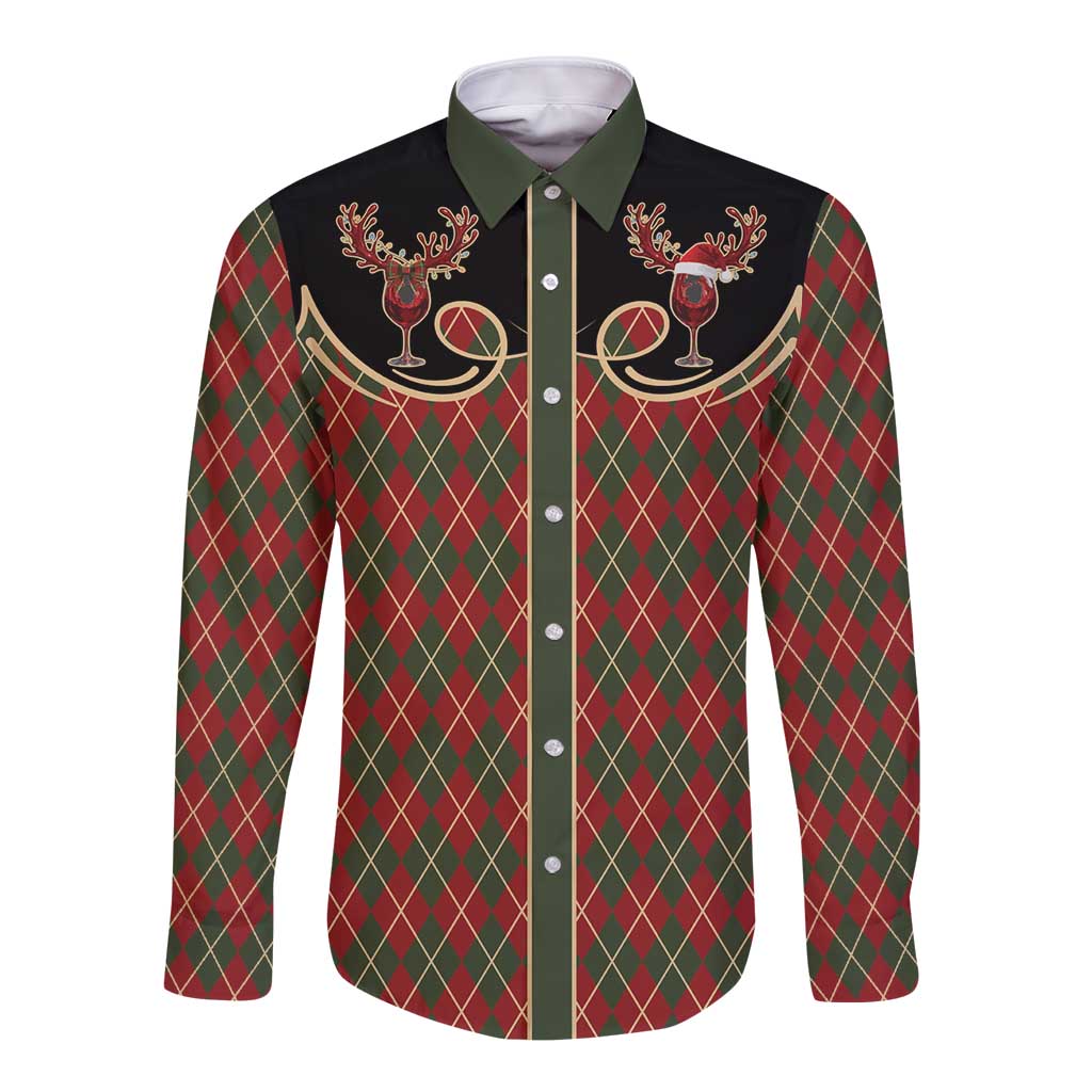 Western Yoke Long Sleeve Button Shirt Wine Deer Christmas Argyle Patterns - Wonder Print Shop