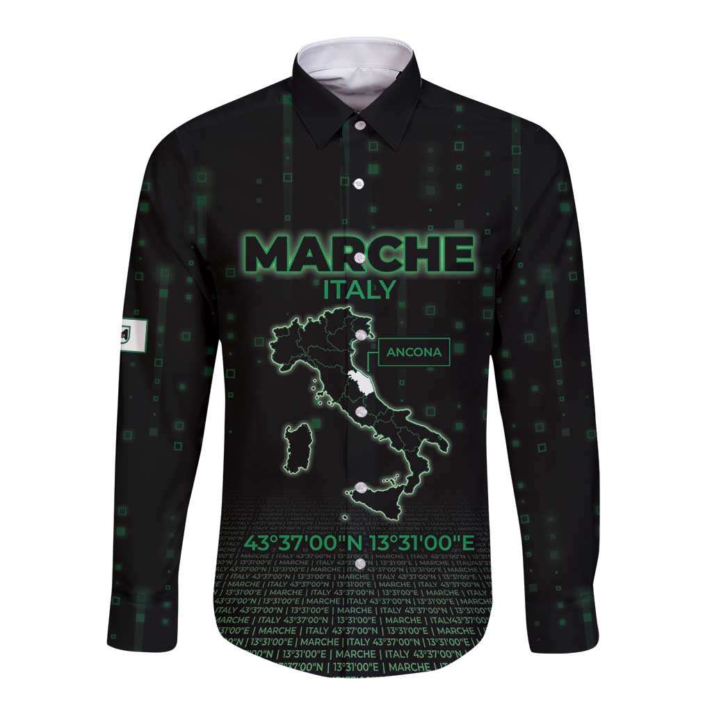 Personalized Italy Marche Long Sleeve Button Shirt Map And Coordinates Code