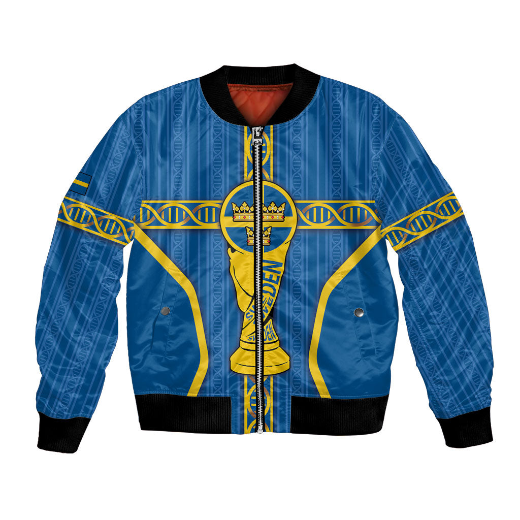 Custom Sweden Football Bomber Jacket Three Crowns Golden DNA Trophy