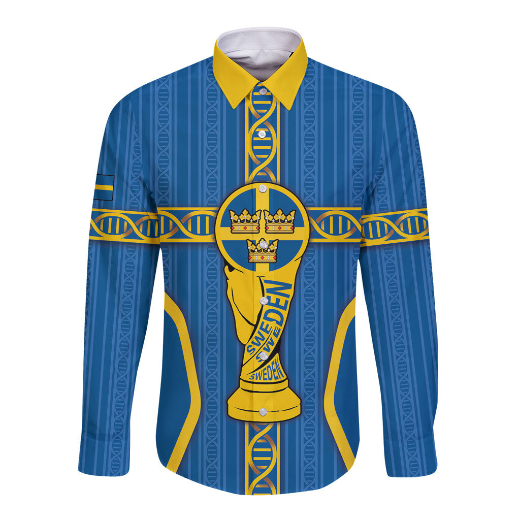 Custom Sweden Football Long Sleeve Button Shirt Three Crowns Golden DNA Trophy