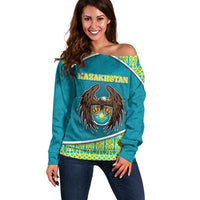 Personalized Kazakhstan Off Shoulder Sweater The Eagle With Kazakh Patterns - Wonder Print Shop