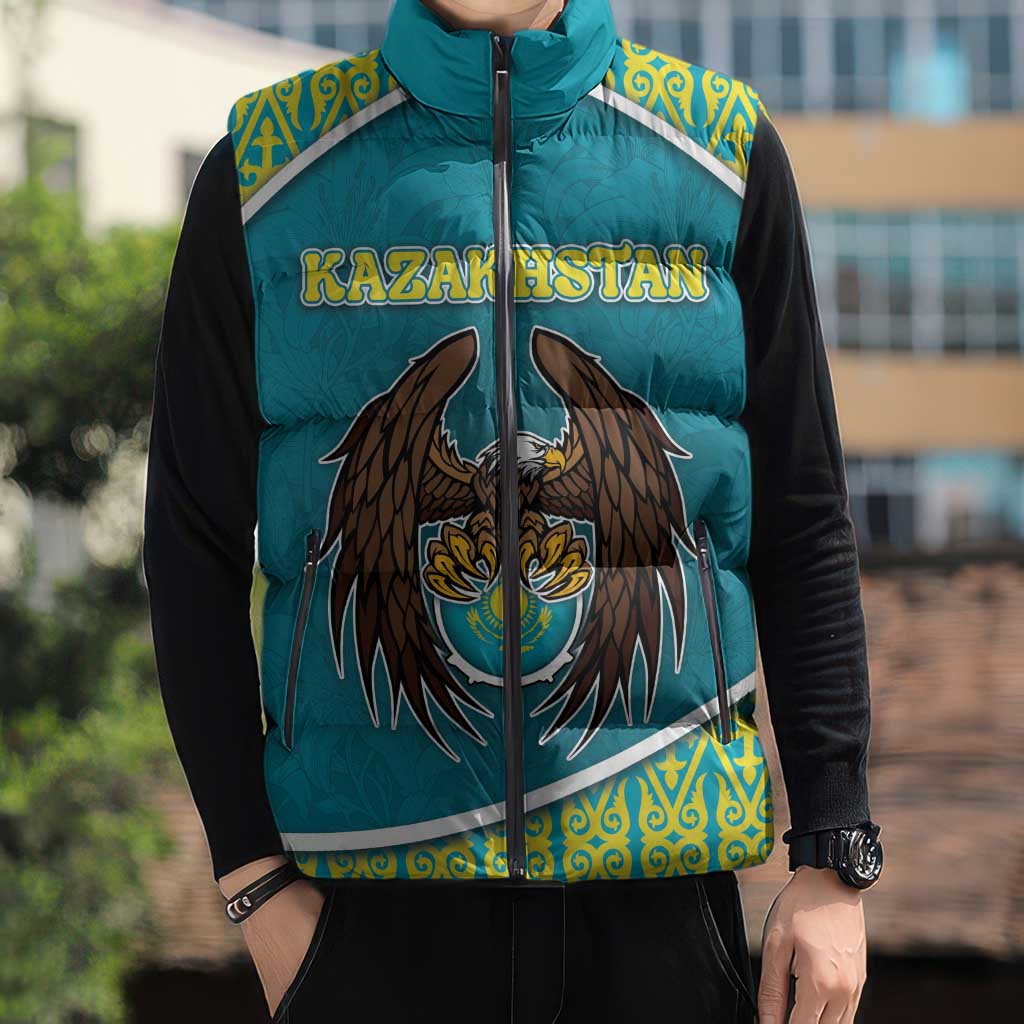 Personalized Kazakhstan Sleeveless Puffer Jacket The Eagle With Kazakh Patterns - Wonder Print Shop