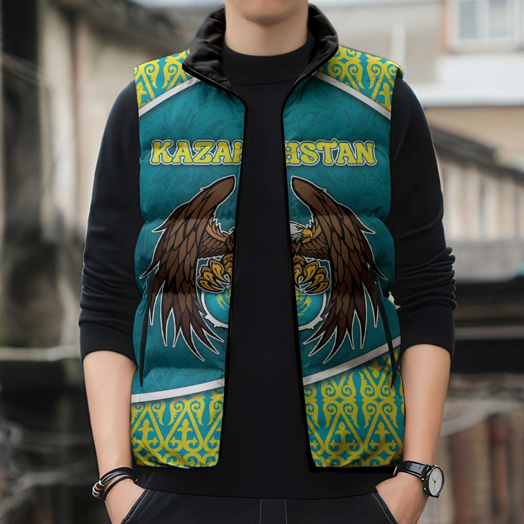 Personalized Kazakhstan Sleeveless Puffer Jacket The Eagle With Kazakh Patterns - Wonder Print Shop