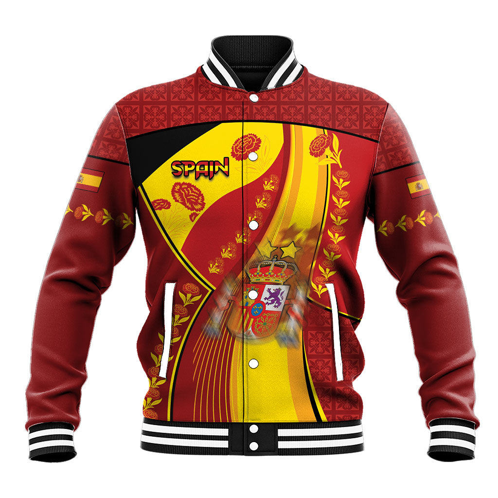 Custom Spain Football Baseball Jacket Traditional Spanish Carnation Floral Patriotic Motif