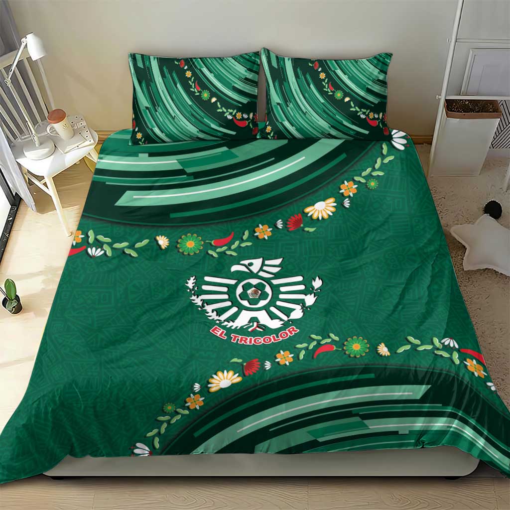 Mexico Football Bedding Set Aztec Eagle With Mini Floral Patterns