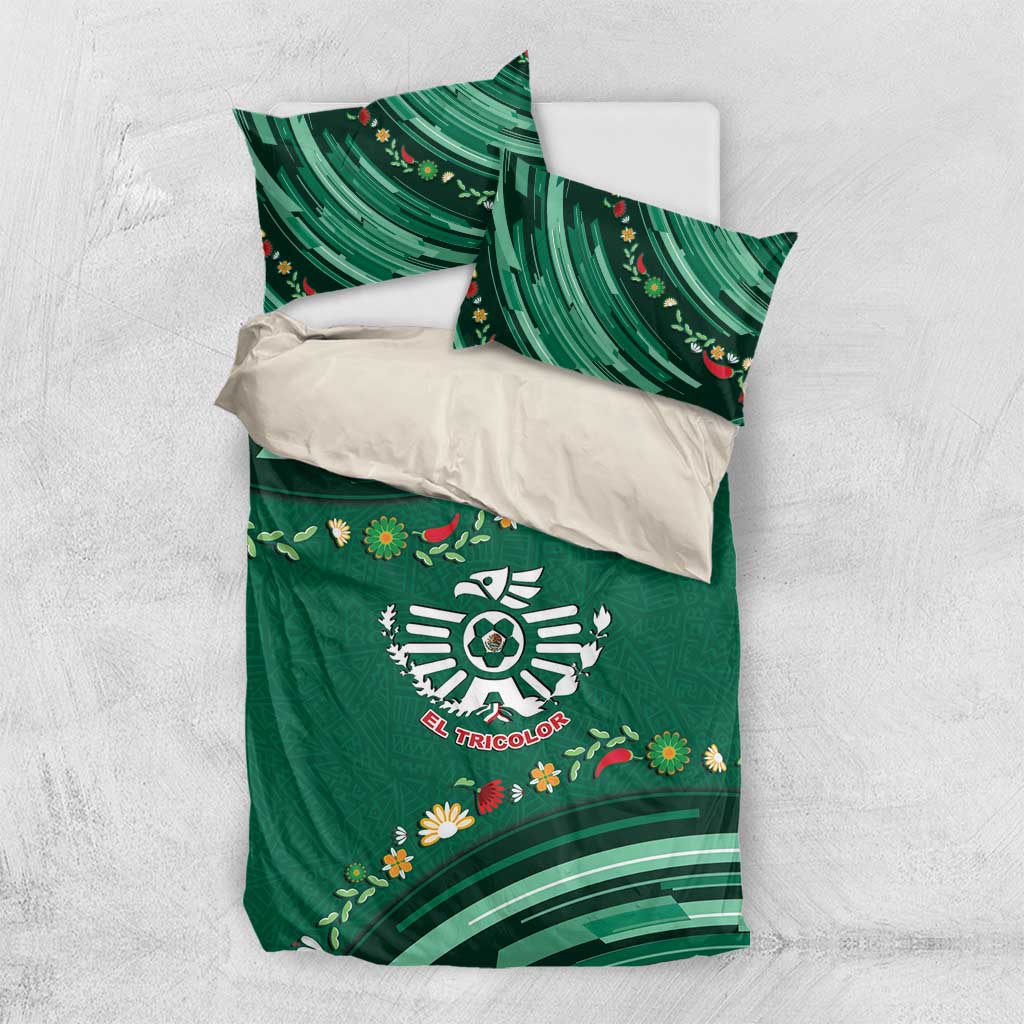Mexico Football Bedding Set Aztec Eagle With Mini Floral Patterns