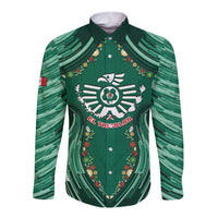 Custom Mexico Football Long Sleeve Button Shirt Aztec Eagle With Mini Floral Patterns