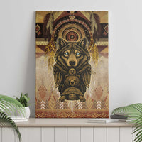 Canvas wall art showing wolf spirit face with dreamcatcher ring and tribal pattern