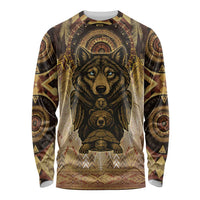 Unisex long sleeve shirt with wolf portrait and Native-inspired geometric pattern