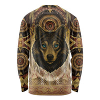 Unisex long sleeve shirt with centered wolf face graphic and geometric band hem