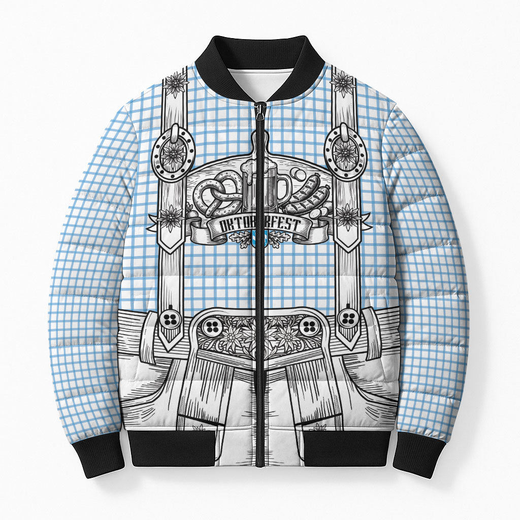 Oktoberfest Lederhosen Costume Bomber Puffer Jacket Linocut Woodcut White Style