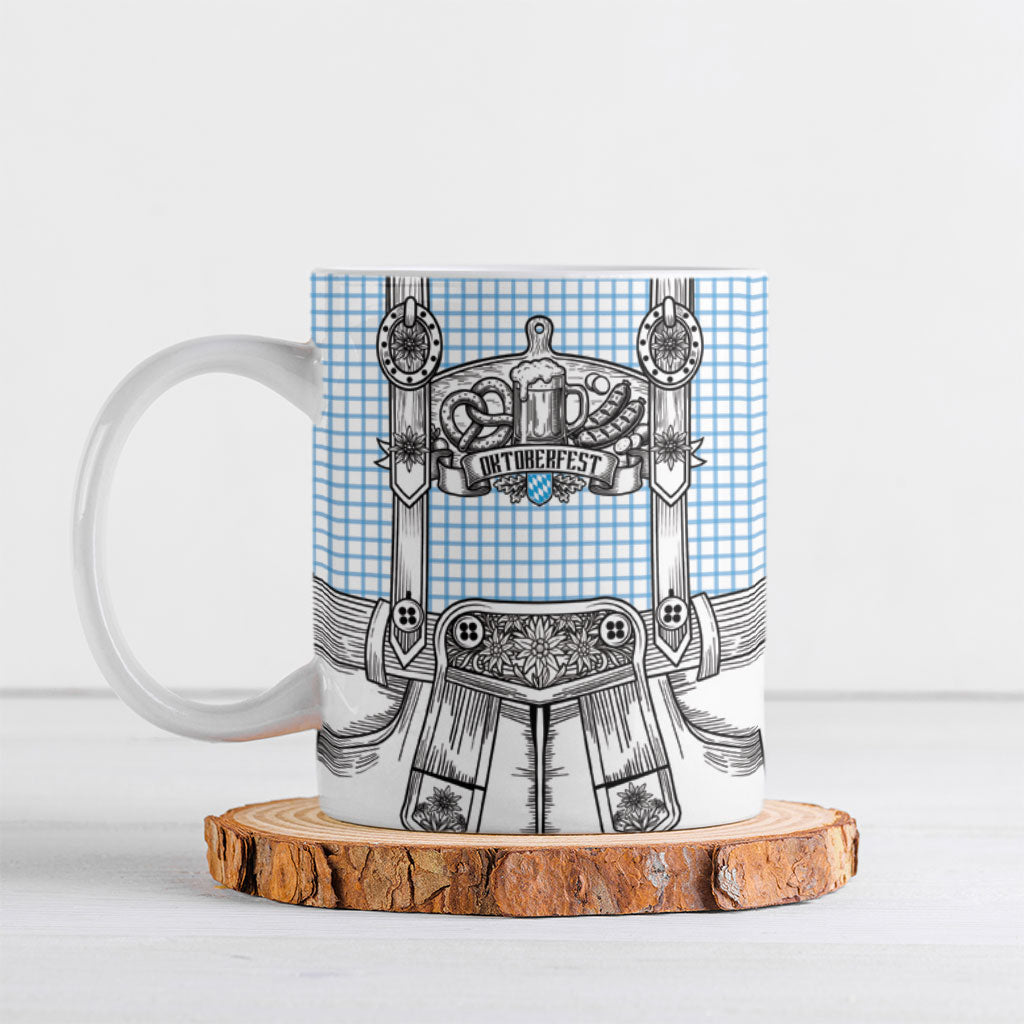 Oktoberfest Lederhosen Costume Ceramic Mug Linocut Woodcut White Style