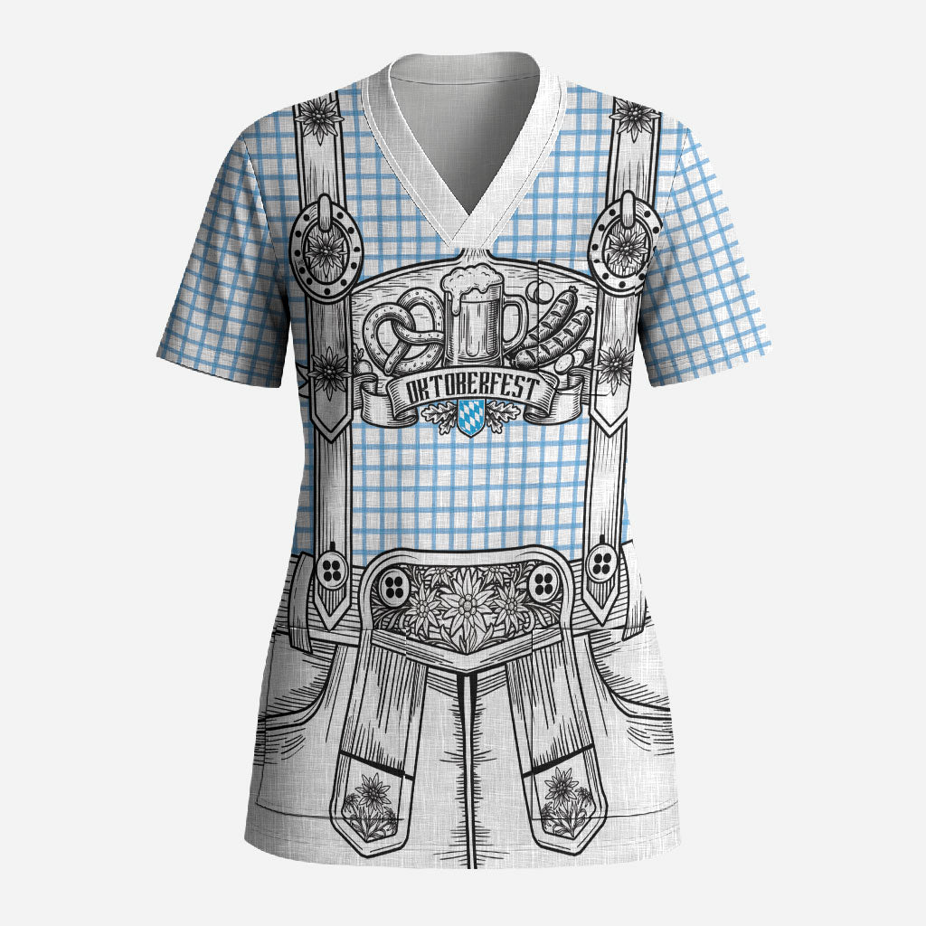 Oktoberfest Lederhosen Costume Scrub Top Linocut Woodcut White Style