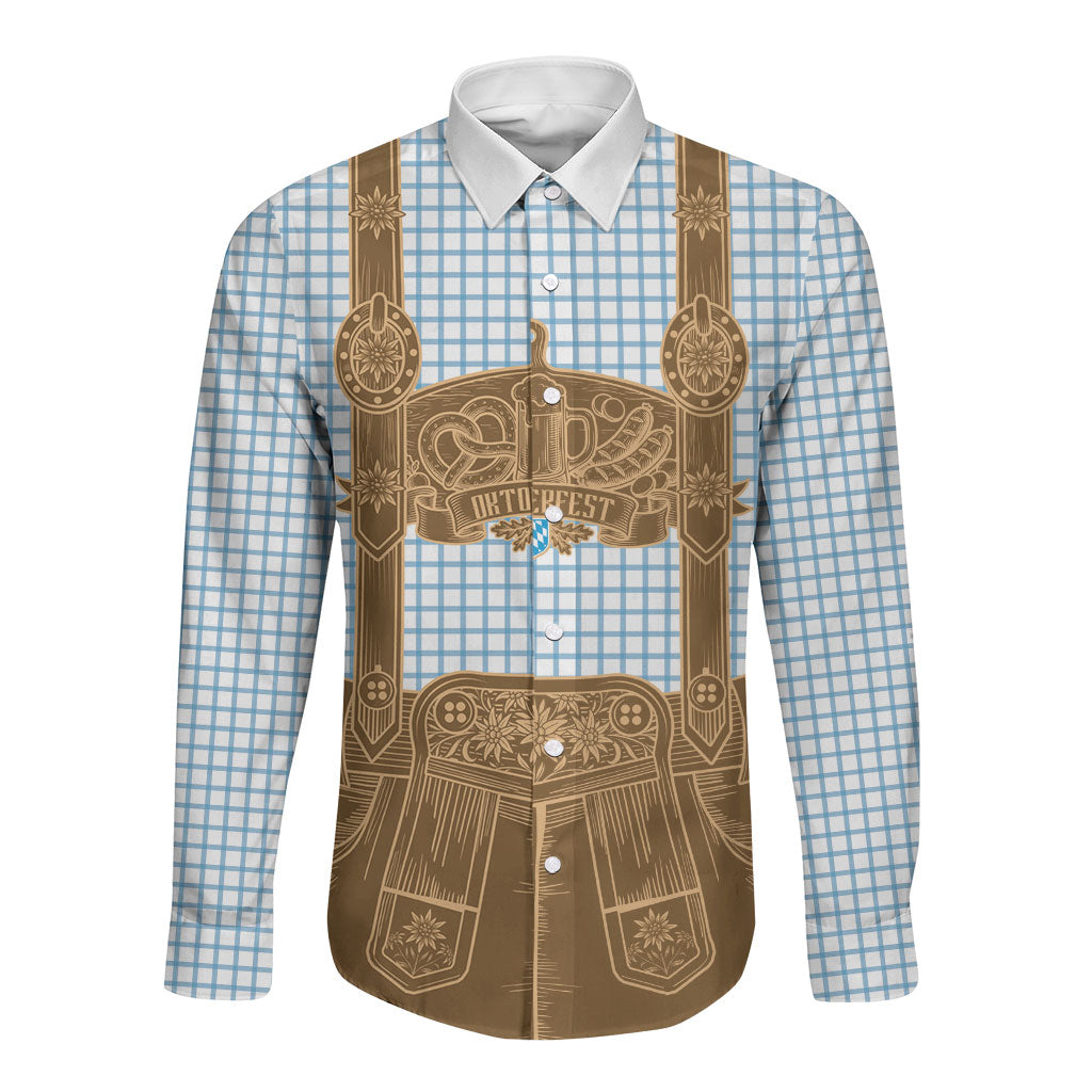 Oktoberfest Lederhosen Costume Long Sleeve Button Shirt Linocut Woodcut Brown Style