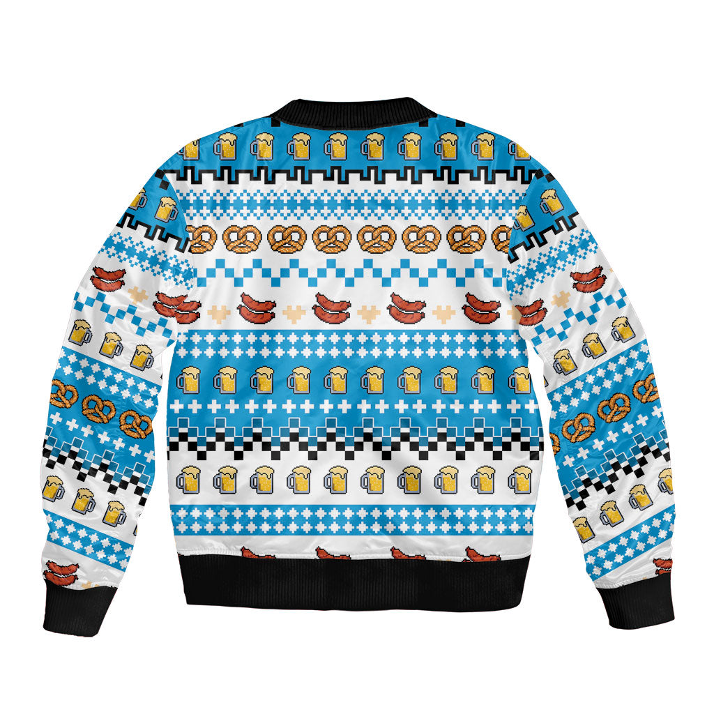 Oktoberfest Checklist Bomber Jacket Pixel Beer Pretzel Sausage Bavarian Pattern