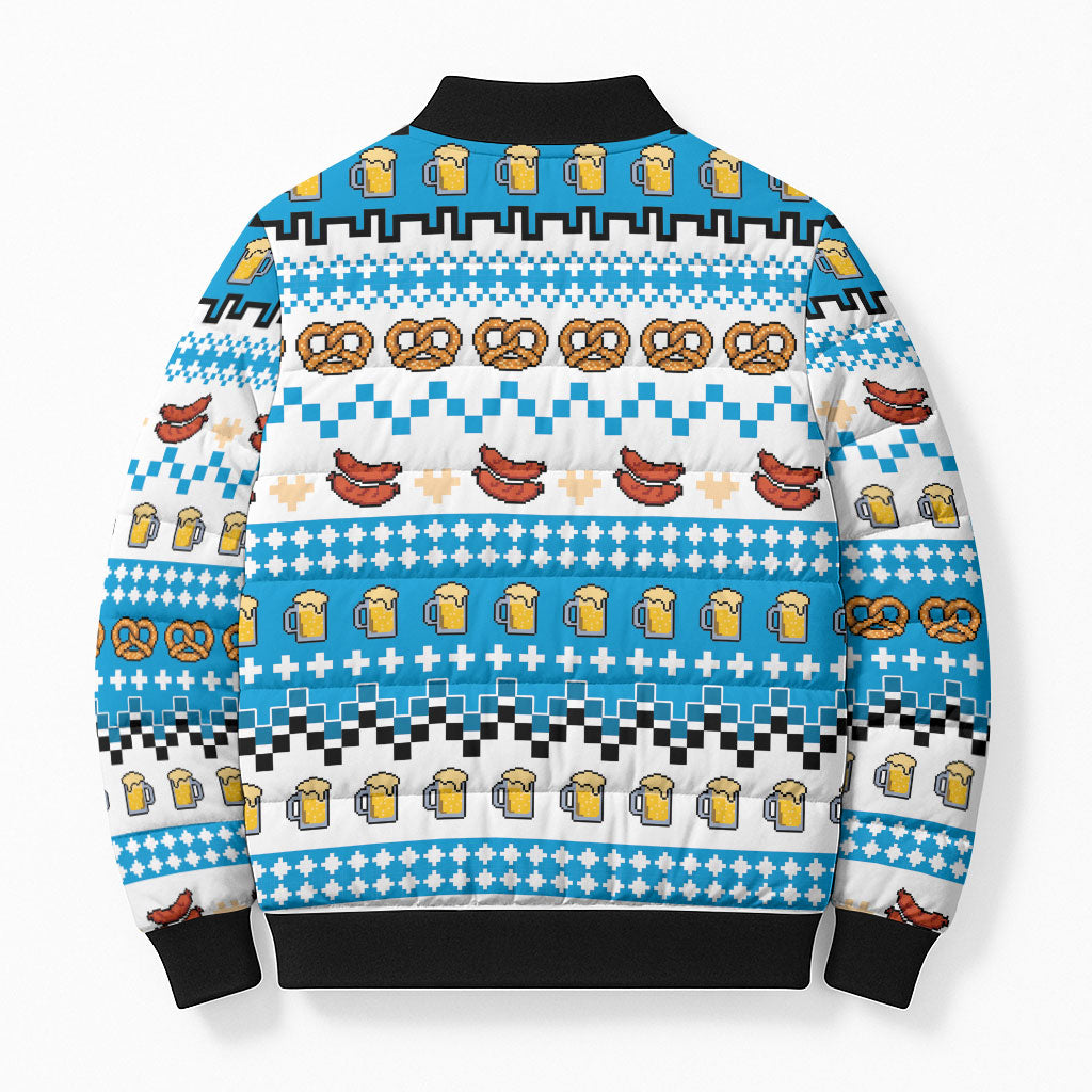 Oktoberfest Checklist Bomber Puffer Jacket Pixel Beer Pretzel Sausage Bavarian Pattern