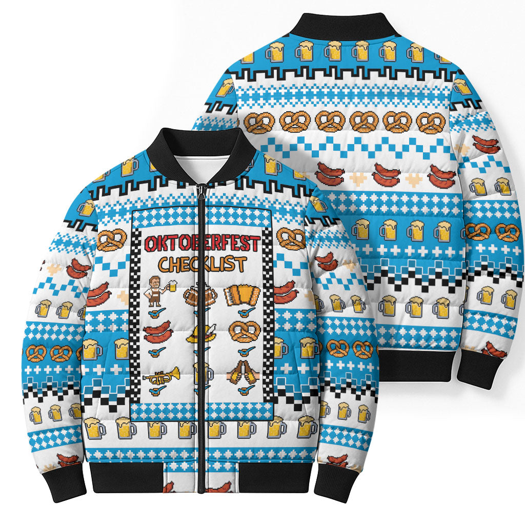 Oktoberfest Checklist Bomber Puffer Jacket Pixel Beer Pretzel Sausage Bavarian Pattern