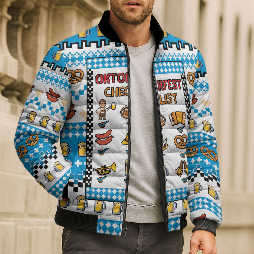 Oktoberfest Checklist Bomber Puffer Jacket Pixel Beer Pretzel Sausage Bavarian Pattern