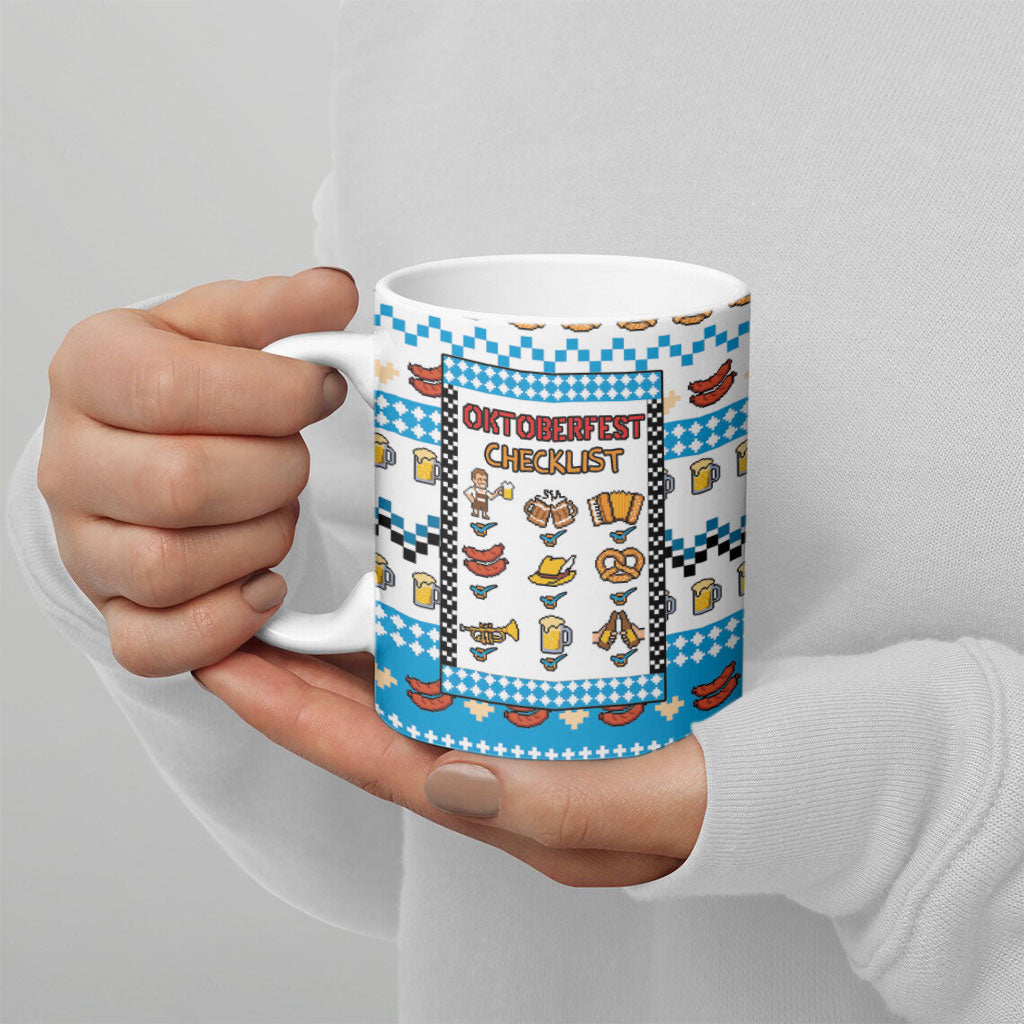 Oktoberfest Checklist Ceramic Mug Pixel Beer Pretzel Sausage Bavarian Pattern