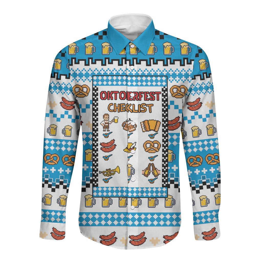 Oktoberfest Checklist Long Sleeve Button Shirt Pixel Beer Pretzel Sausage Bavarian Pattern