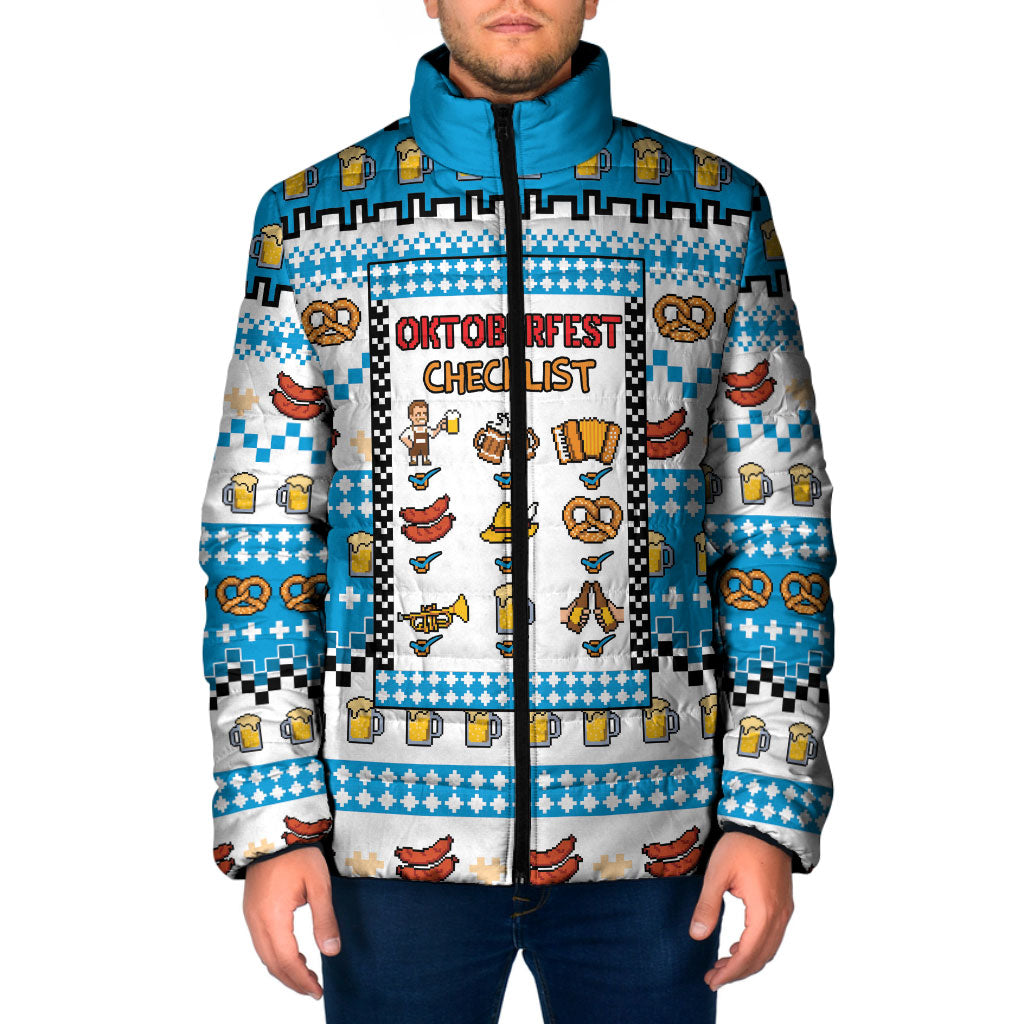 Oktoberfest Checklist Padded Jacket Pixel Beer Pretzel Sausage Bavarian Pattern