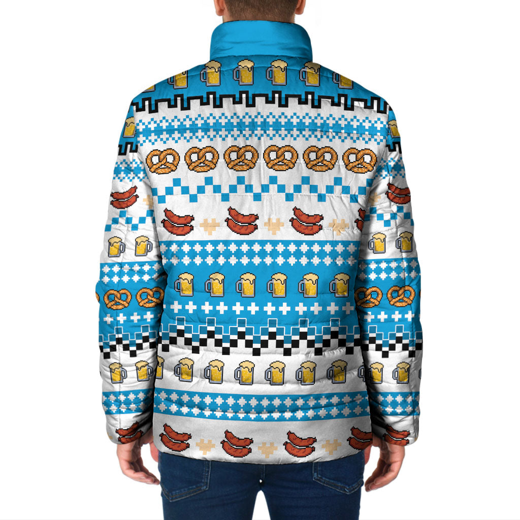 Oktoberfest Checklist Padded Jacket Pixel Beer Pretzel Sausage Bavarian Pattern