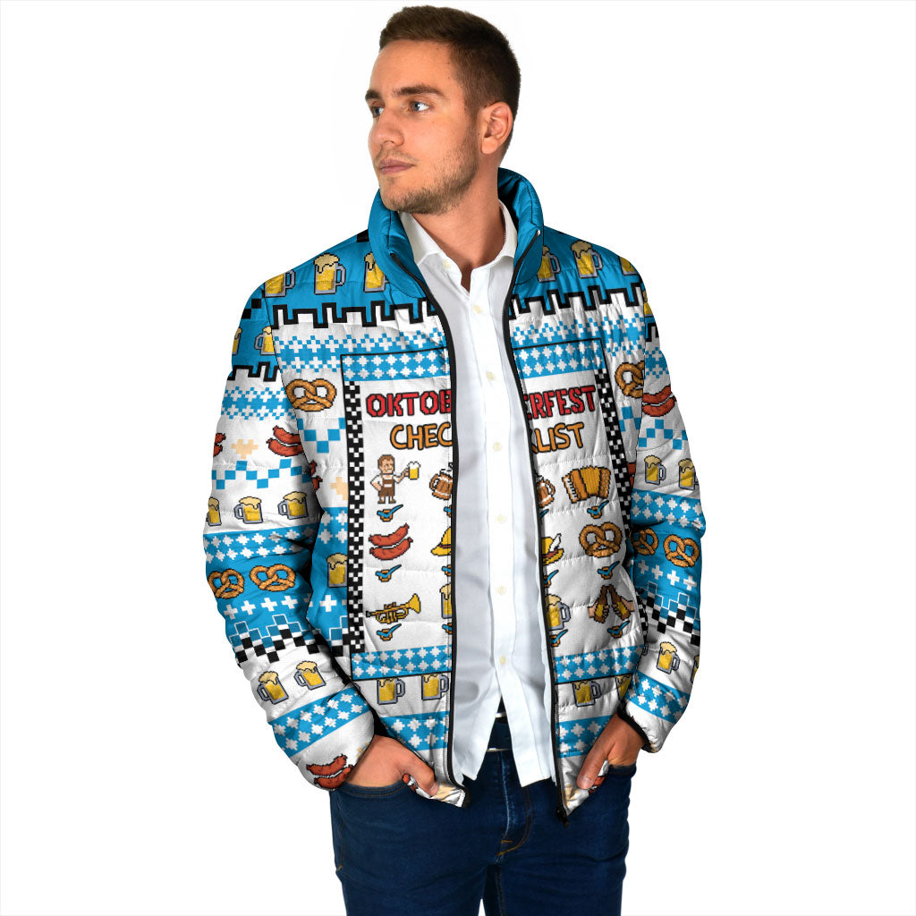 Oktoberfest Checklist Padded Jacket Pixel Beer Pretzel Sausage Bavarian Pattern